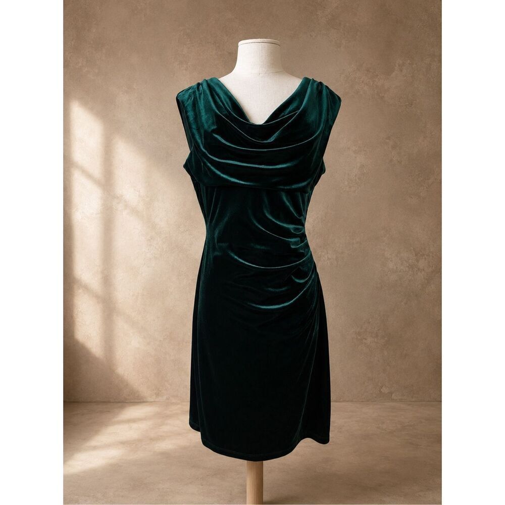 Anne Klein Sz 10 Velvet Cowl Neck Cocktail Dress Emerald Green Ruched Midi